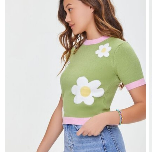 Forever 21 Vintage Inspired Springtime Daisy Floral Sweater Knit Top Womens Sz L - Picture 3 of 16